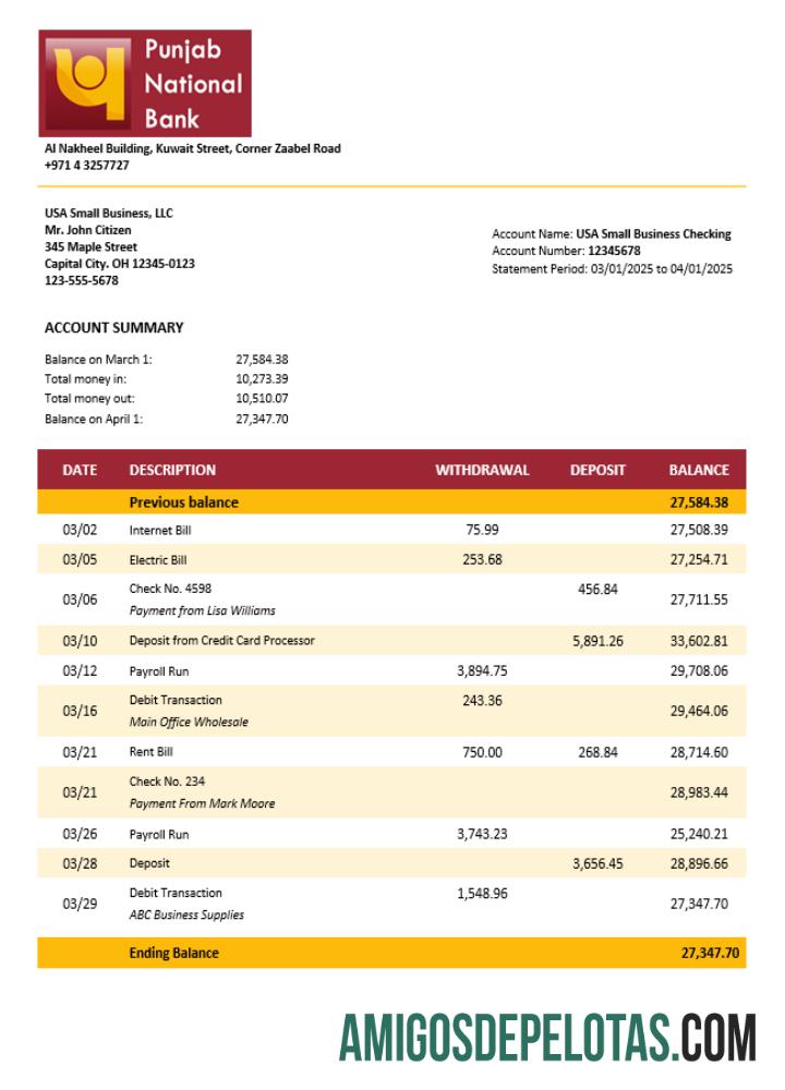 Em branco UAE Dubai PNB Enterprise Statement modelo Word e PDF